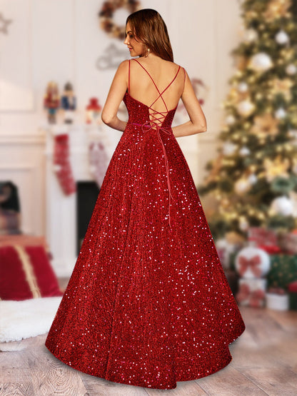 Robe Longue de Noël Coupe A-Line/Princess à Col En V avec Ceinture