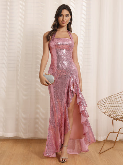 Robe de Bal Longue Fourreau/Colonne à Licou avec Paillettes et Côté Fendu