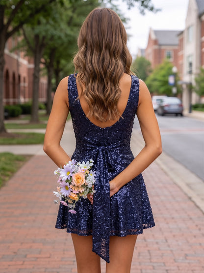 Mini-robe de soirée coupe trapèze/princesse, encolure carrée sans manches, en sequins avec nœud