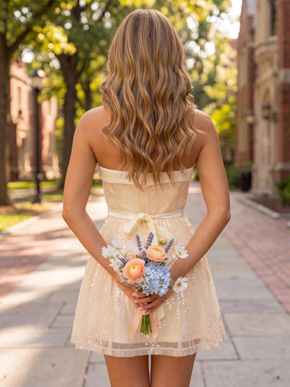 Mini-robe de soirée coupe trapèze/princesse, sans bretelles ni manches, en sequins avec applications