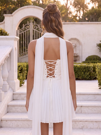 Mini-robe de soirée trapèze en mousseline, sans bretelles ni manches, avec motif jacquard et étole