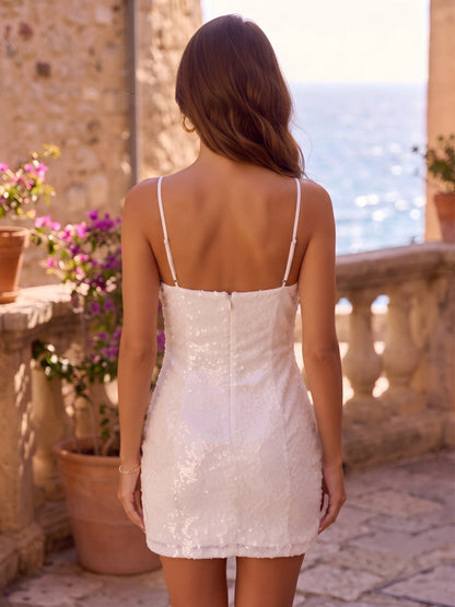 Mini-robe de soirée droite à sequins, à fines bretelles et sans manches, avec nœud