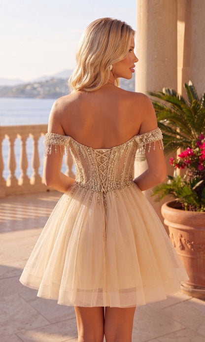 Mini-robe de soirée (coupe trapèze/princesse) en tulle, sans manches, épaules dénudées, avec motifs appliqués et corset