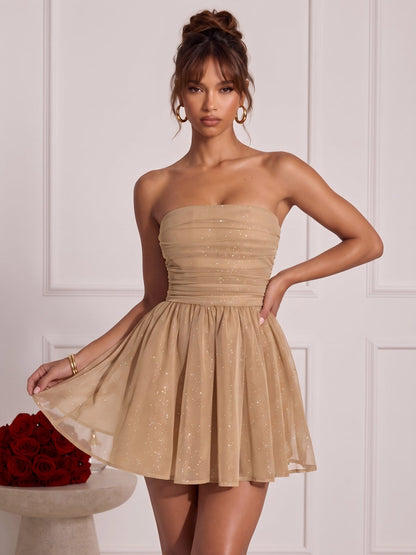 Mini-robes de soirée trapèze pailletées sans manches et sans bretelles, avec nœud