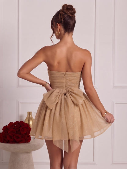 Mini-robes de soirée trapèze pailletées sans manches et sans bretelles, avec nœud