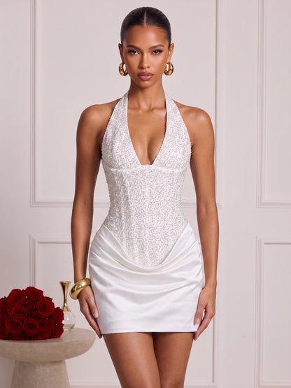 Mini-robes de soirée fourreau en satin de soie sans manches à col en V, avec drapés et corset