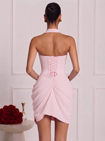 Mini-robes de soirée fourreau en satin sans manches à col en V, avec plis et corset