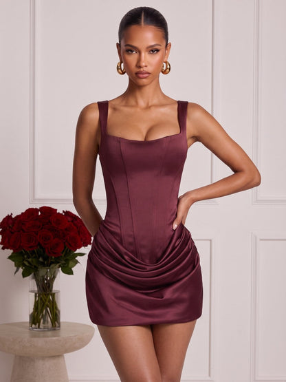 Mini-robes de soirée fourreau en satin de soie sans manches à fines bretelles, avec drapés et corset