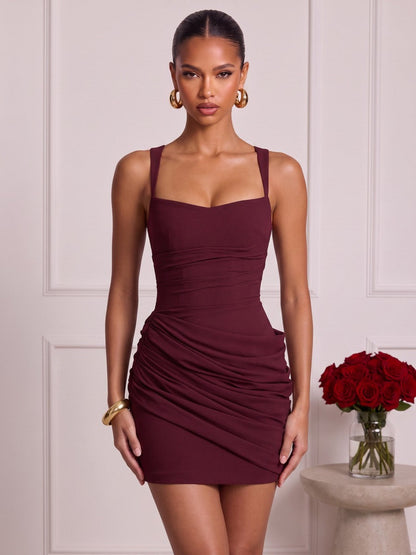 Mini-robe de soirée en satin, coupe droite, sans manches, bretelles fines, avec plis et corset