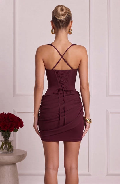 Mini-robe de soirée en satin, coupe droite, sans manches, bretelles fines, avec plis et corset
