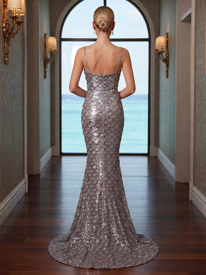 Robe de Soirée Trompette/Sirène à Bretelles Spaghetti, Traîne Balai à Paillettes