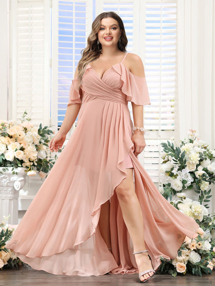 Robe de Demoiselled'Honneur Grande Taille, Coupe Trapèze, Col en V, Bretelles Spaghetti, Manches Courtes, Asymétrique, en Mousseline