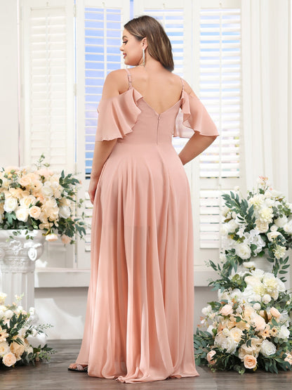 Robe de Demoiselled'Honneur Grande Taille, Coupe Trapèze, Col en V, Bretelles Spaghetti, Manches Courtes, Asymétrique, en Mousseline