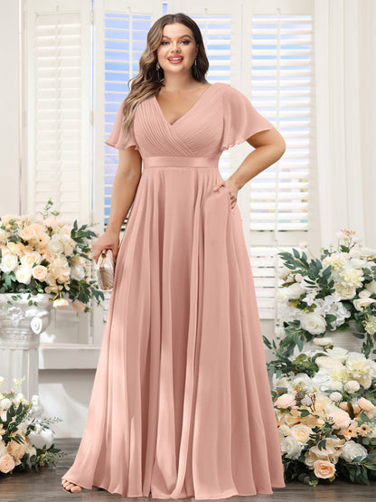 Robe de Demoiselled'Honneur Grande Taille en Mousseline, Coupe Trapèze, Col en V, Manches Courtes avec Poches