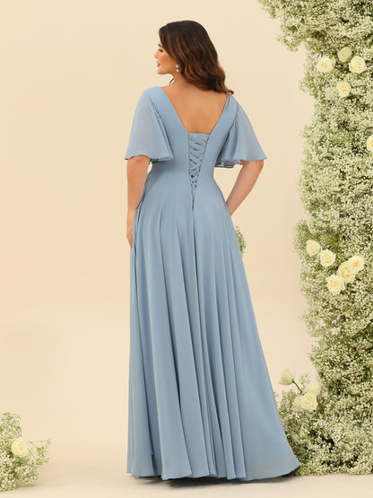 Robes de Demoiselle d'Honneur Trapèze En Mousseline à Col en V avec Poches & Demi-Manches