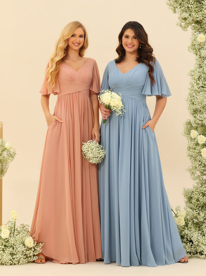 Robes de Demoiselle d'Honneur Trapèze En Mousseline à Col en V avec Poches & Demi-Manches
