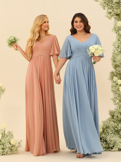 Robes de Demoiselle d'Honneur Trapèze En Mousseline à Col en V avec Poches & Demi-Manches