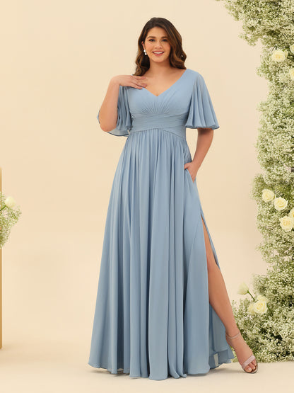 Robes de Demoiselle d'Honneur Trapèze En Mousseline à Col en V avec Poches & Demi-Manches