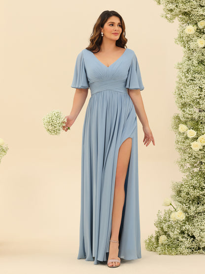 Robes de Demoiselle d'Honneur Trapèze En Mousseline à Col en V avec Poches & Demi-Manches