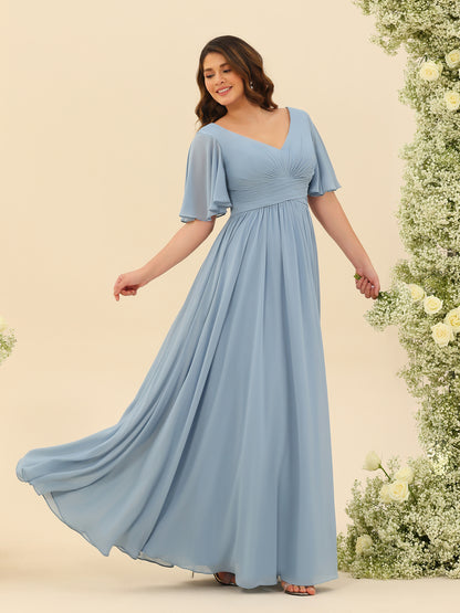 Robes de Demoiselle d'Honneur Trapèze En Mousseline à Col en V avec Poches & Demi-Manches