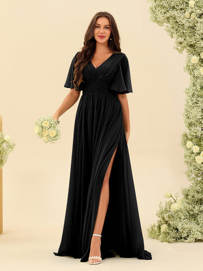 Robes de Demoiselle d'Honneur Trapèze En Mousseline à Col en V avec Poches & Demi-Manches