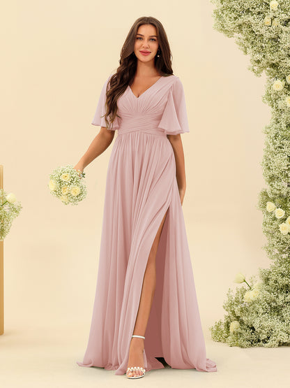 Robes de Demoiselle d'Honneur Trapèze En Mousseline à Col en V avec Poches & Demi-Manches