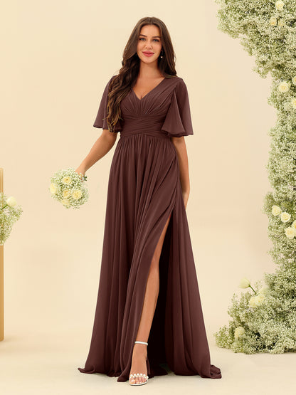 Robes de Demoiselle d'Honneur Trapèze En Mousseline à Col en V avec Poches & Demi-Manches