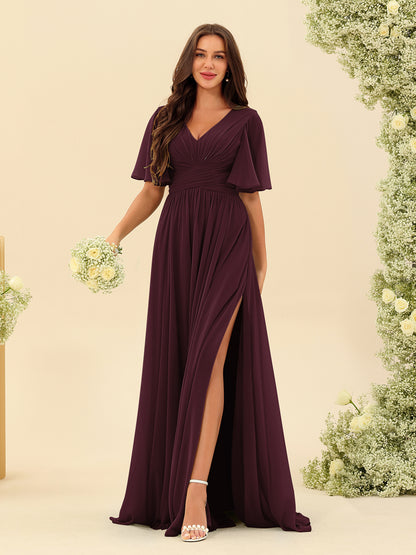 Robes de Demoiselle d'Honneur Trapèze En Mousseline à Col en V avec Poches & Demi-Manches