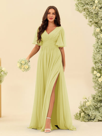Robes de Demoiselle d'Honneur Trapèze En Mousseline à Col en V avec Poches & Demi-Manches