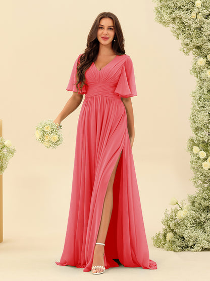 Robes de Demoiselle d'Honneur Trapèze En Mousseline à Col en V avec Poches & Demi-Manches