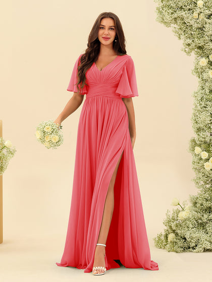 Robes de Demoiselle d'Honneur Trapèze En Mousseline à Col en V avec Poches & Demi-Manches