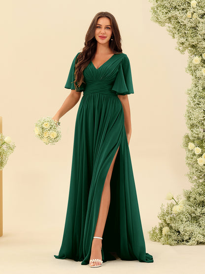 Robes de Demoiselle d'Honneur Trapèze En Mousseline à Col en V avec Poches & Demi-Manches