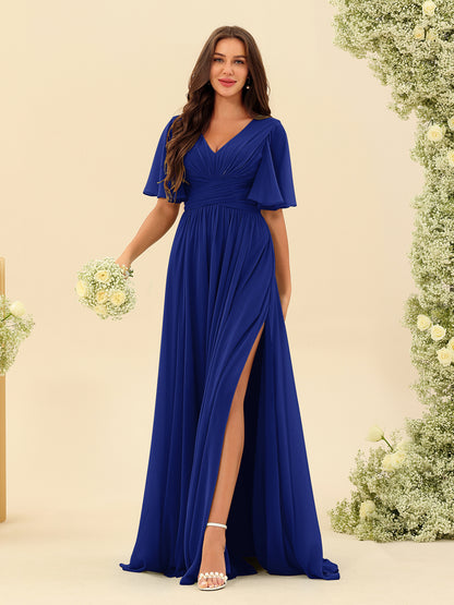 Robes de Demoiselle d'Honneur Trapèze En Mousseline à Col en V avec Poches & Demi-Manches