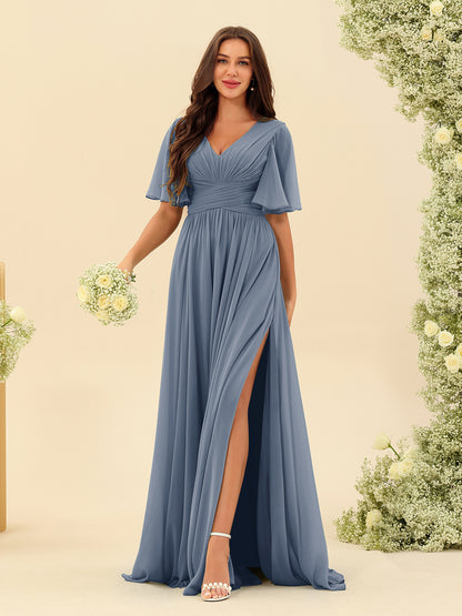 Robes de Demoiselle d'Honneur Trapèze En Mousseline à Col en V avec Poches & Demi-Manches