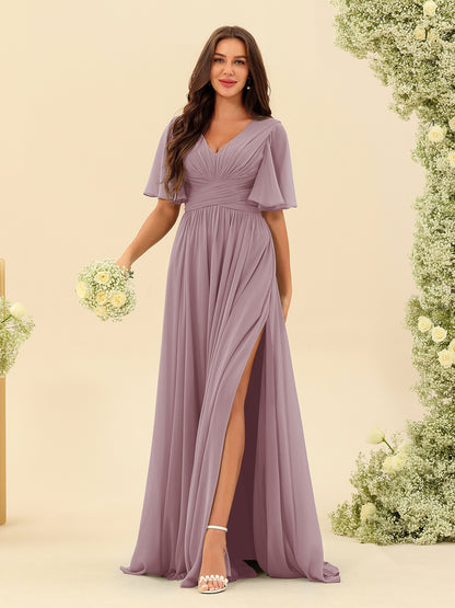 Robes de Demoiselle d'Honneur Trapèze En Mousseline à Col en V avec Poches & Demi-Manches