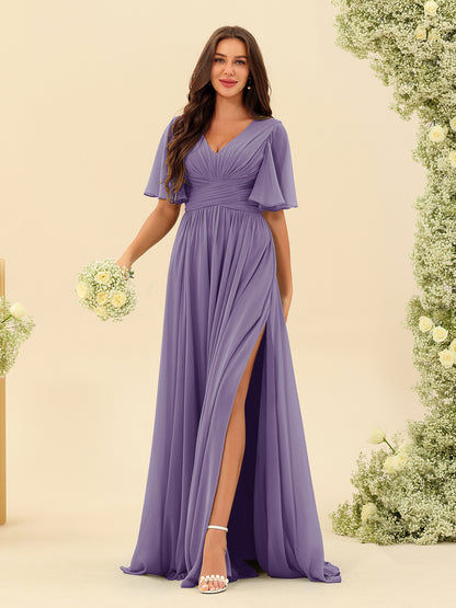 Robes de Demoiselle d'Honneur Trapèze En Mousseline à Col en V avec Poches & Demi-Manches
