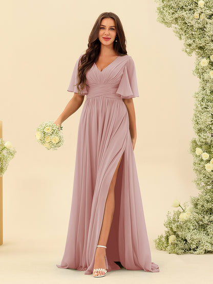 Robes de Demoiselle d'Honneur Trapèze En Mousseline à Col en V avec Poches & Demi-Manches