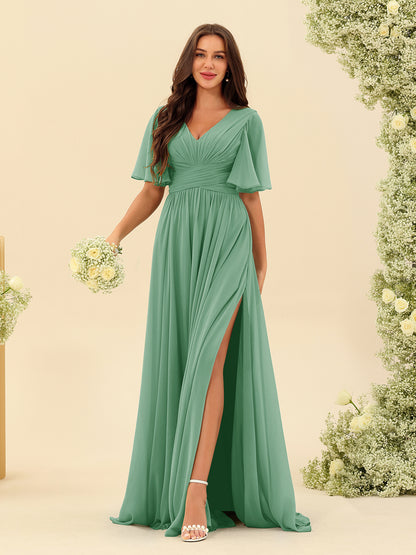 Robes de Demoiselle d'Honneur Trapèze En Mousseline à Col en V avec Poches & Demi-Manches