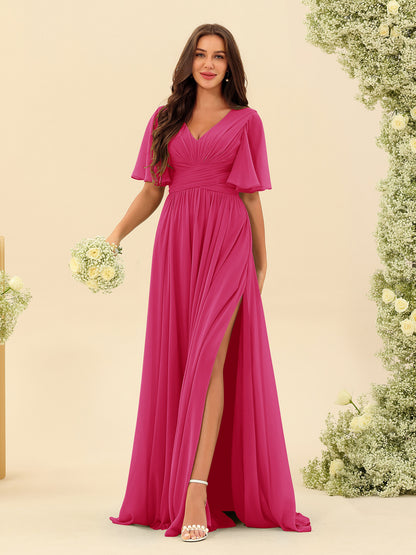 Robes de Demoiselle d'Honneur Trapèze En Mousseline à Col en V avec Poches & Demi-Manches