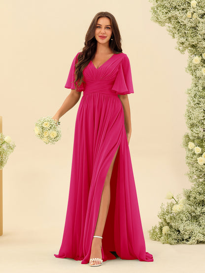 Robes de Demoiselle d'Honneur Trapèze En Mousseline à Col en V avec Poches & Demi-Manches