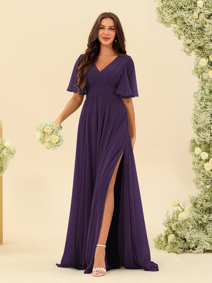 Robes de Demoiselle d'Honneur Trapèze En Mousseline à Col en V avec Poches & Demi-Manches