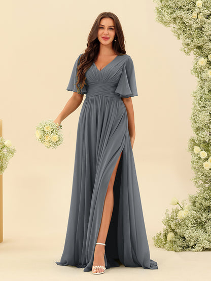 Robes de Demoiselle d'Honneur Trapèze En Mousseline à Col en V avec Poches & Demi-Manches