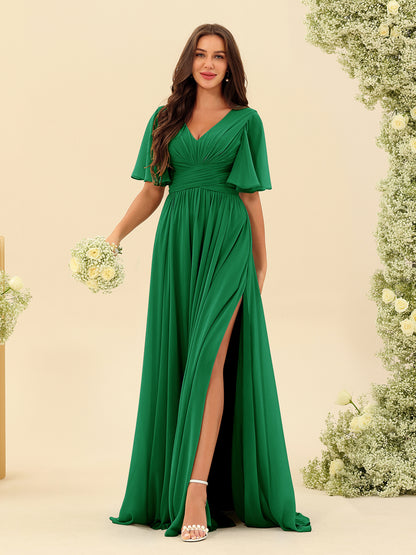 Robes de Demoiselle d'Honneur Trapèze En Mousseline à Col en V avec Poches & Demi-Manches