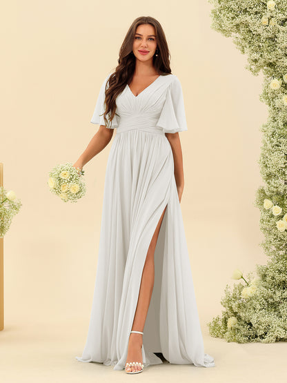 Robes de Demoiselle d'Honneur Trapèze En Mousseline à Col en V avec Poches & Demi-Manches