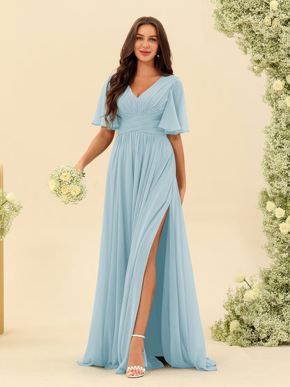Robes de Demoiselle d'Honneur Trapèze En Mousseline à Col en V avec Poches & Demi-Manches