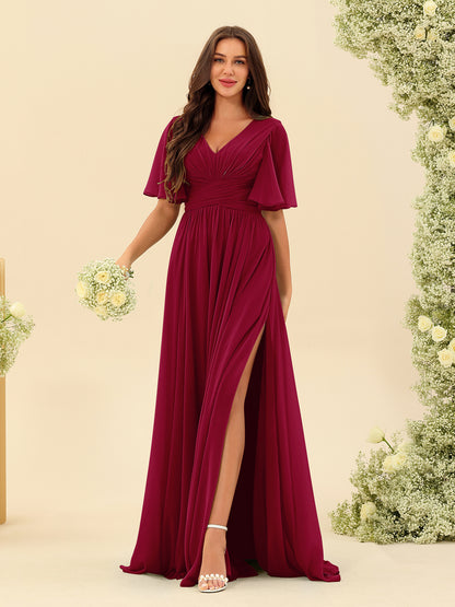 Robes de Demoiselle d'Honneur Trapèze En Mousseline à Col en V avec Poches & Demi-Manches