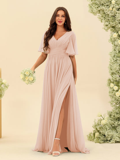 Robes de Demoiselle d'Honneur Trapèze En Mousseline à Col en V avec Poches & Demi-Manches