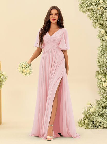 Robes de Demoiselle d'Honneur Trapèze En Mousseline à Col en V avec Poches & Demi-Manches