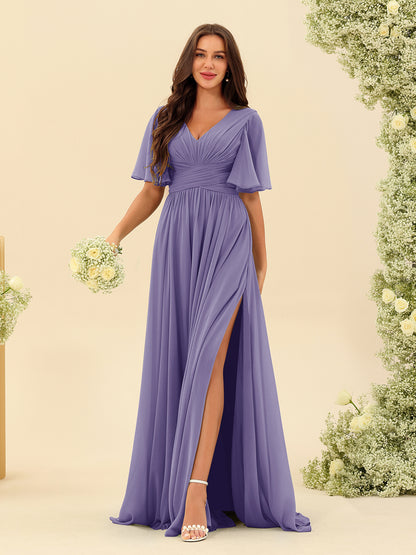 Robes de Demoiselle d'Honneur Trapèze En Mousseline à Col en V avec Poches & Demi-Manches