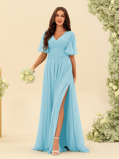 Robes de Demoiselle d'Honneur Trapèze En Mousseline à Col en V avec Poches & Demi-Manches